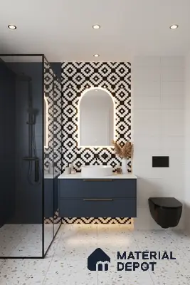 Modern bathroom with geometric black-and-white wall tiles, terrazzo floor tiles, and navy blue vanity in Bengaluru | Material Depot