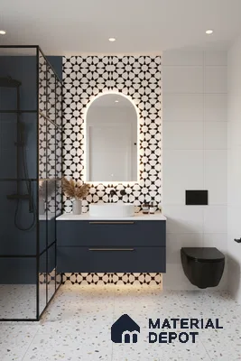 Modern bathroom with geometric black-and-white wall tiles, terrazzo floor tiles, and navy floating vanity in Bengaluru | Material Depot