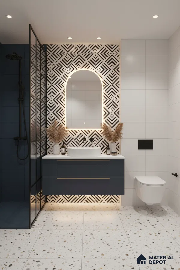 Modern bathroom with geometric black-and-white wall tiles, terrazzo floor tiles, and navy floating vanity in Bengaluru | Material Depot