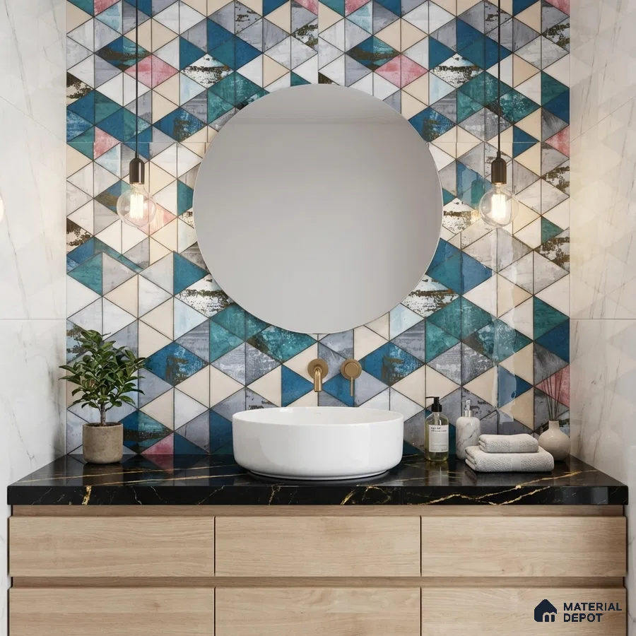 Modern bathroom with geometric blue and beige wall tiles, black marble countertop, and light wood vanity