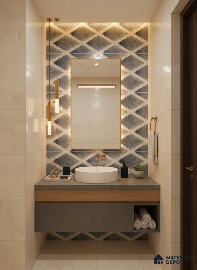 Modern bathroom with geometric blue and beige wall tiles, grey countertop, and floating wood vanity | Material Depot