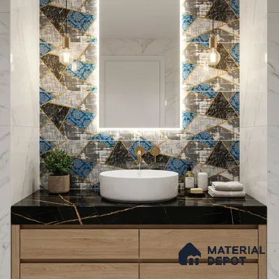 Modern bathroom with geometric blue and black highlighter wall tiles, black marble countertop, and light oak vanity