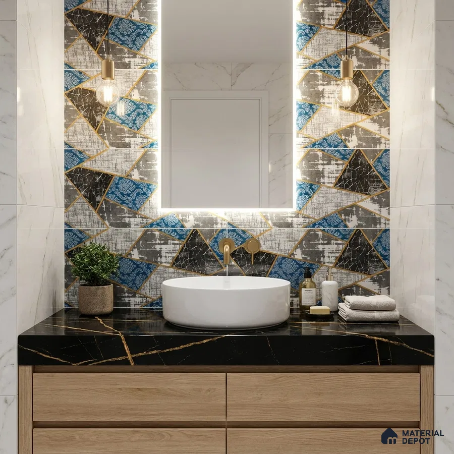 Modern bathroom with geometric blue and black highlighter wall tiles, black marble countertop, and light oak vanity