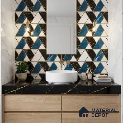 Modern bathroom with geometric blue and black marble wall tiles and black marble countertop