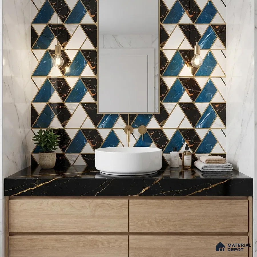 Modern bathroom with geometric blue and black marble wall tiles and black marble countertop