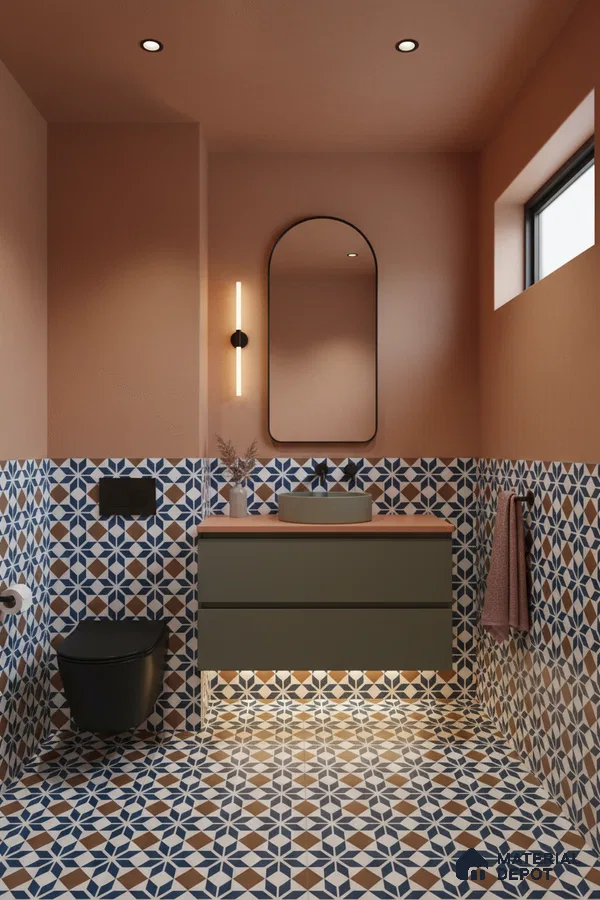 Modern bathroom with geometric blue and terracotta patterned tiles and olive green floating vanity in Bengaluru | Material Depot