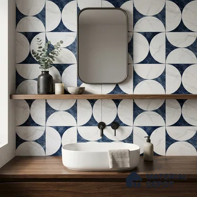 Modern bathroom with geometric blue and white marble-look wall tiles and walnut wood vanity