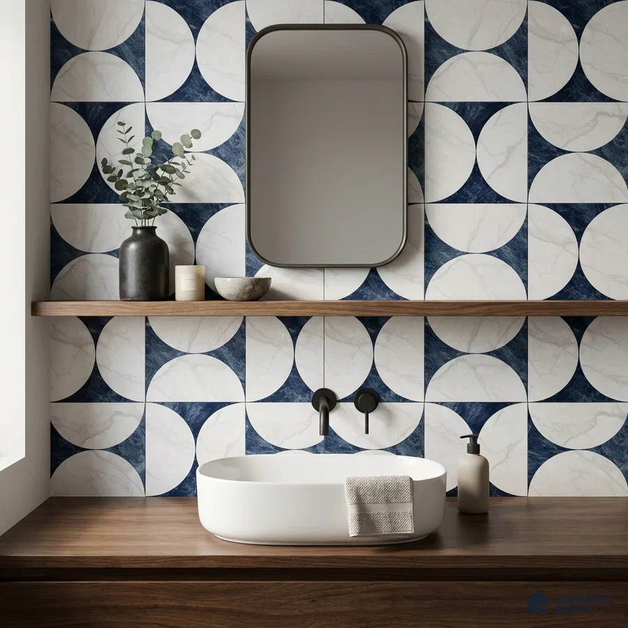 Modern bathroom with geometric blue and white marble-look wall tiles and walnut wood vanity