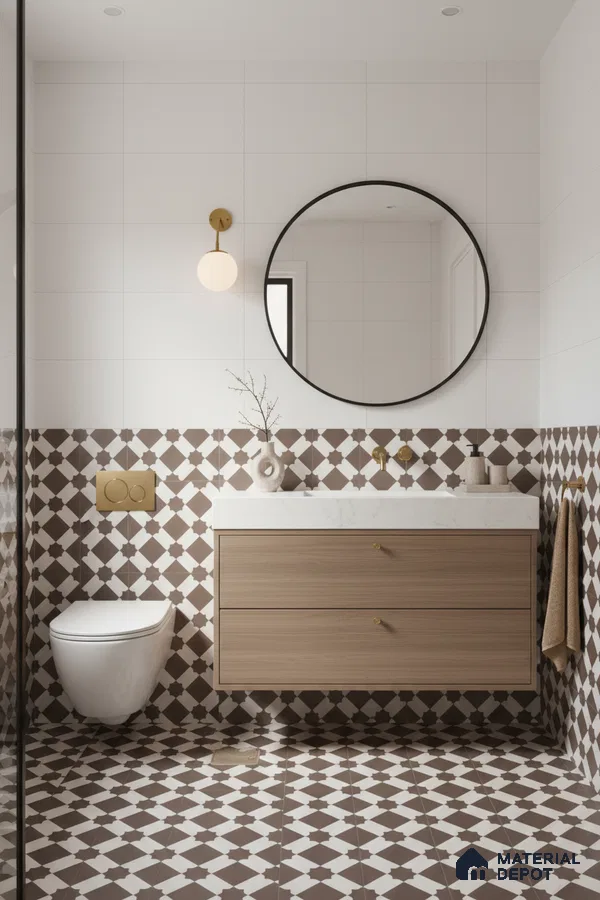 Modern bathroom with geometric brown and white patterned tiles and light wood vanity in Bengaluru | Material Depot