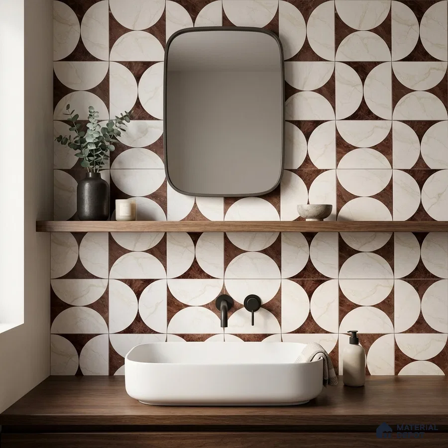 Modern bathroom with geometric brown and white wall tiles and walnut wood countertop