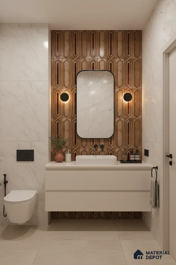 Modern bathroom with geometric brown highlighter wall tiles and marble-look wall tiles | Material Depot