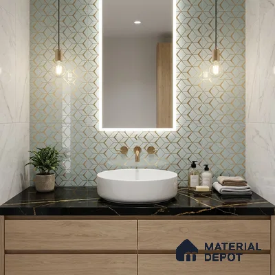 Modern bathroom with geometric gold accent wall tile, black marble countertop, and light oak vanity