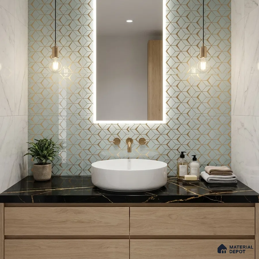 Modern bathroom with geometric gold accent wall tile, black marble countertop, and light oak vanity