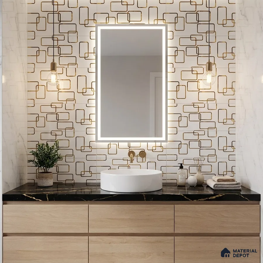 Modern bathroom with geometric gold patterned wall tile, black marble countertop, and light oak laminate vanity
