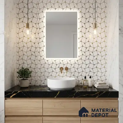 Modern bathroom with geometric gold patterned wall tile, black marble countertop, and light oak vanity