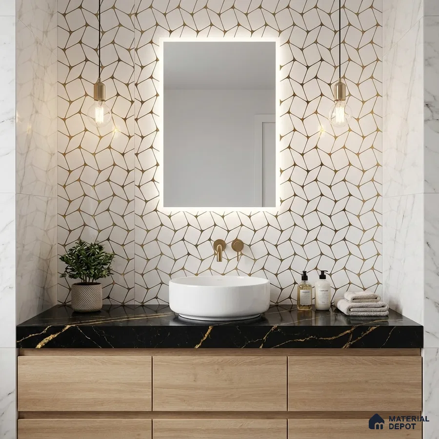Modern bathroom with geometric gold patterned wall tile, black marble countertop, and light oak vanity