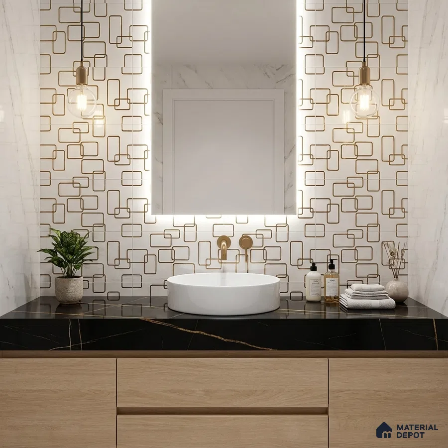 Modern bathroom with geometric gold wall tiles, black marble countertop, and light oak vanity