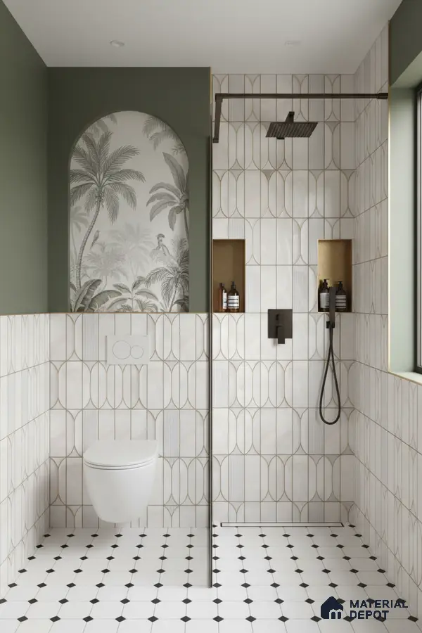 Modern bathroom with geometric gold-accent wall tiles, black-and-white octagonal floor tiles, and tropical wallpaper accent | Material Depot