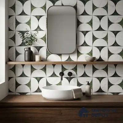 Modern bathroom with geometric green and white marble look wall tiles and walnut wood vanity
