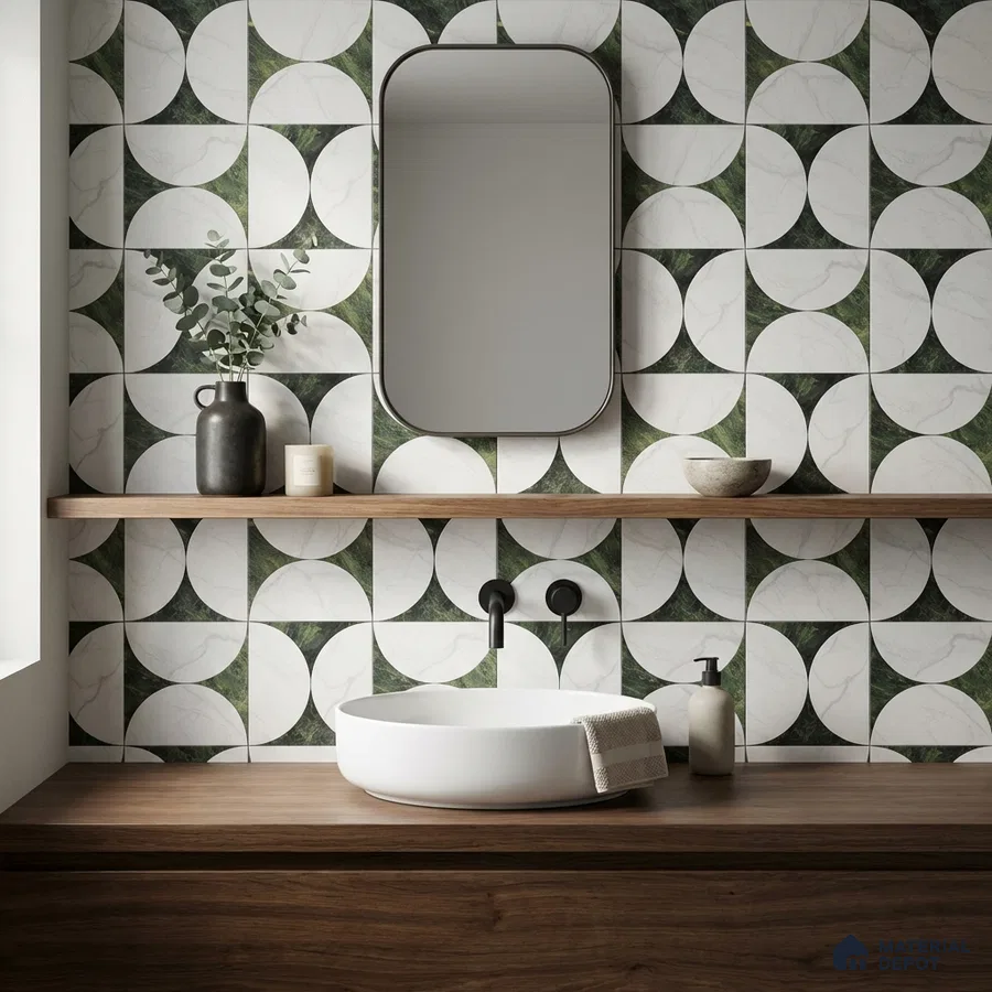 Modern bathroom with geometric green and white marble look wall tiles and walnut wood vanity