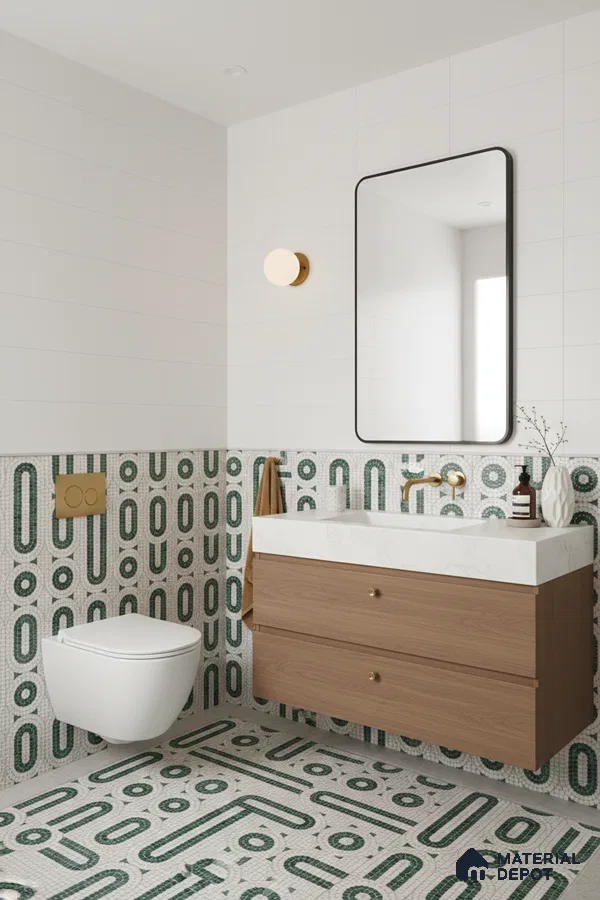 Modern bathroom with geometric green mosaic tiles, white wall tiles, and wood vanity in Bengaluru | Material Depot
