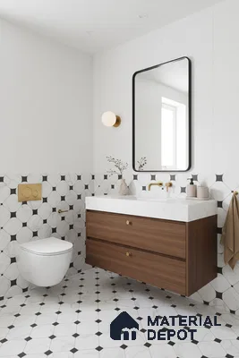 Modern bathroom with geometric marble-look wall and floor tiles and walnut wood vanity in Bengaluru | Material Depot