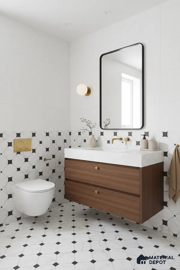 Modern bathroom with geometric marble-look wall and floor tiles and walnut wood vanity in Bengaluru | Material Depot