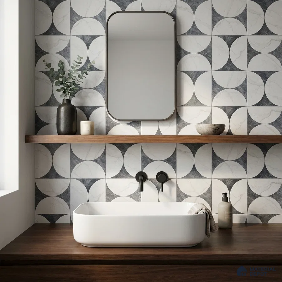 Modern bathroom with geometric marble-look wall tiles and walnut wood countertop