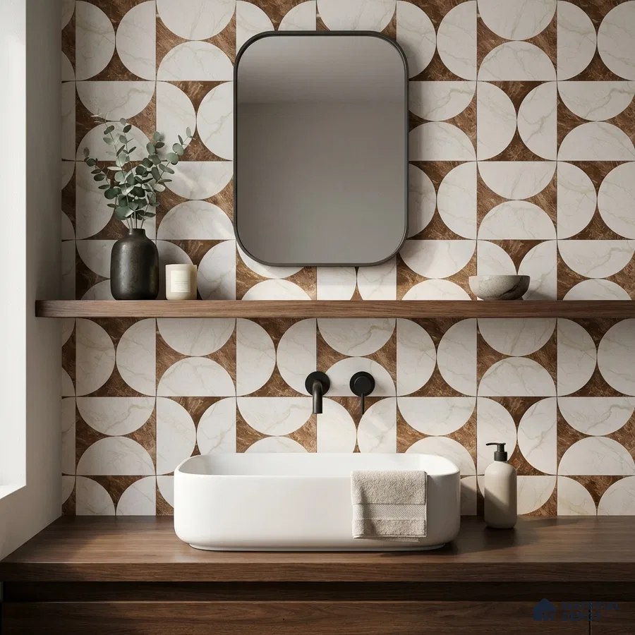 Modern bathroom with geometric marble-look wall tiles and walnut wood vanity