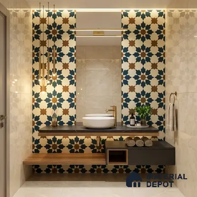 Modern bathroom with geometric moroccan highlighter wall tiles and beige marble-look wall tiles