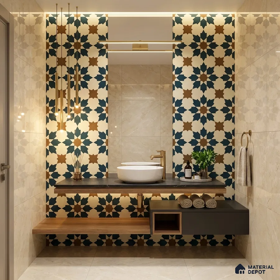 Modern bathroom with geometric moroccan highlighter wall tiles and beige marble-look wall tiles