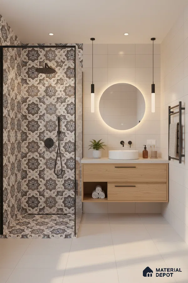 Modern bathroom with geometric moroccan patterned shower tiles and light oak floating vanity in Bengaluru | Material Depot