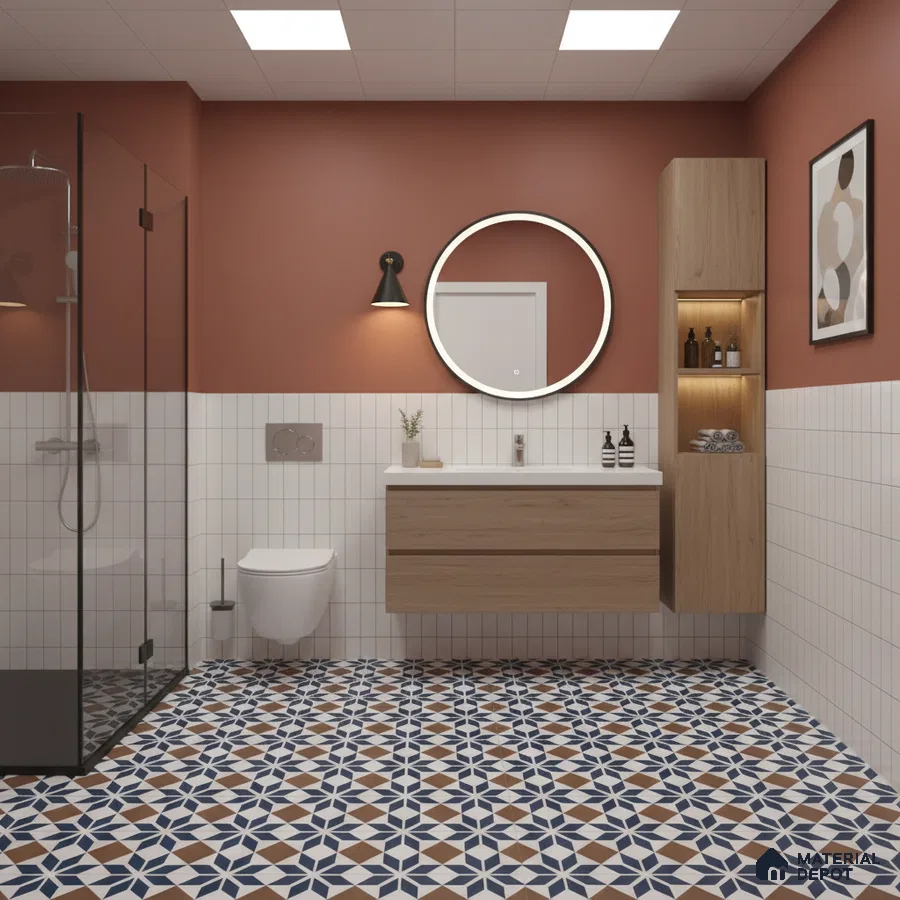 Modern bathroom with geometric patterned floor tiles, white subway wall tiles, and light oak laminate vanity | Material Depot