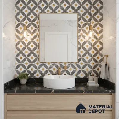 Modern bathroom with geometric patterned highlighter wall tile, black marble countertop, and light oak vanity