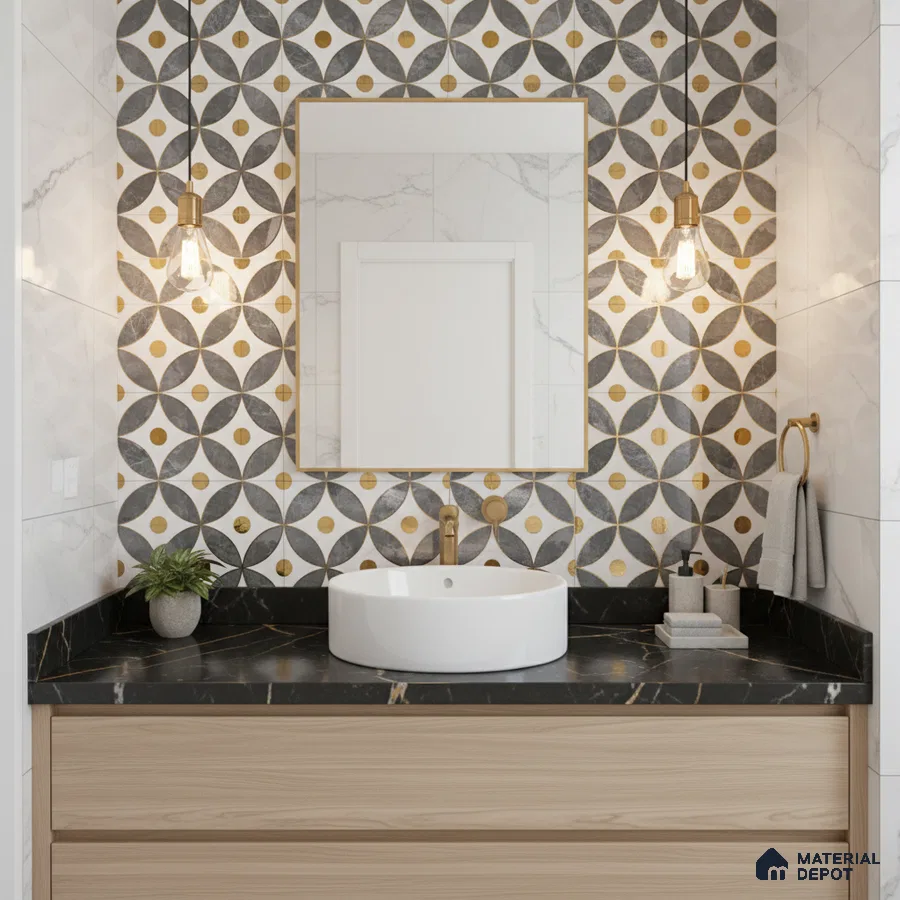 Modern bathroom with geometric patterned highlighter wall tile, black marble countertop, and light oak vanity