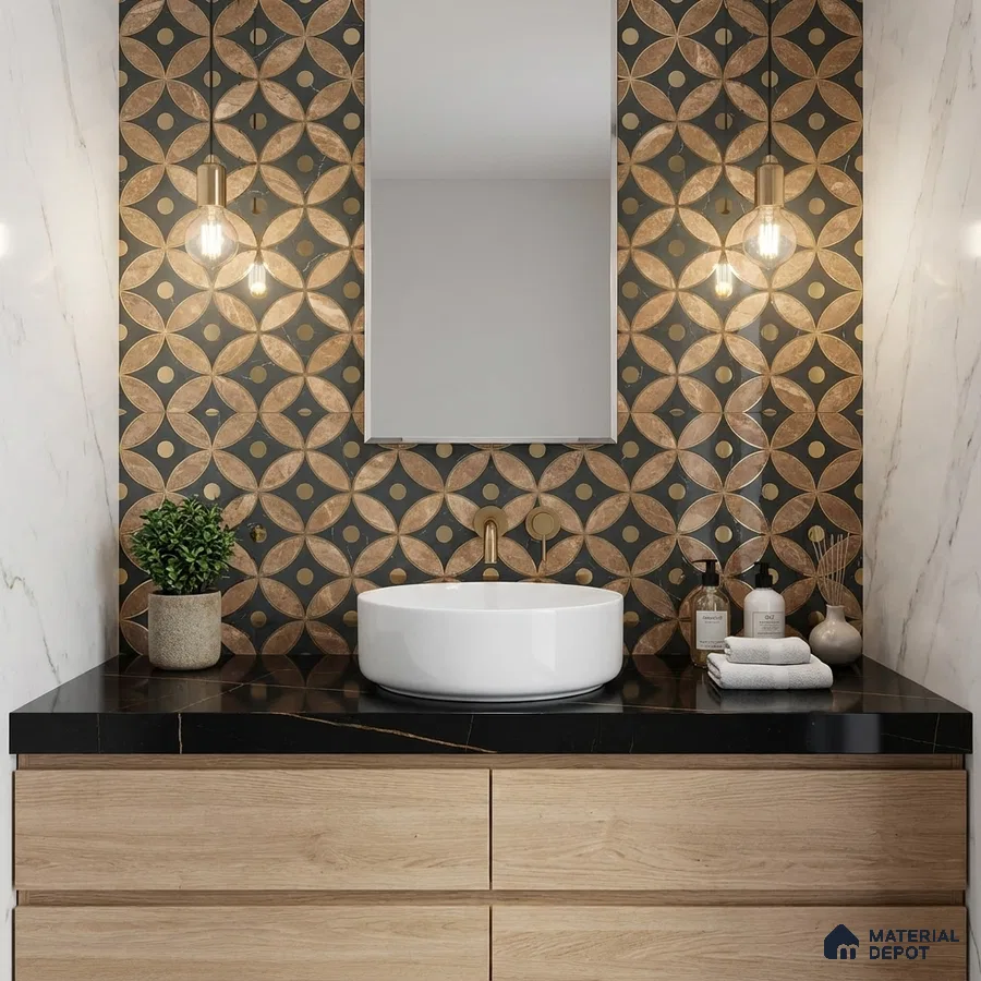 Modern bathroom with geometric patterned highlighter wall tile, black marble countertop, and light oak wood vanity