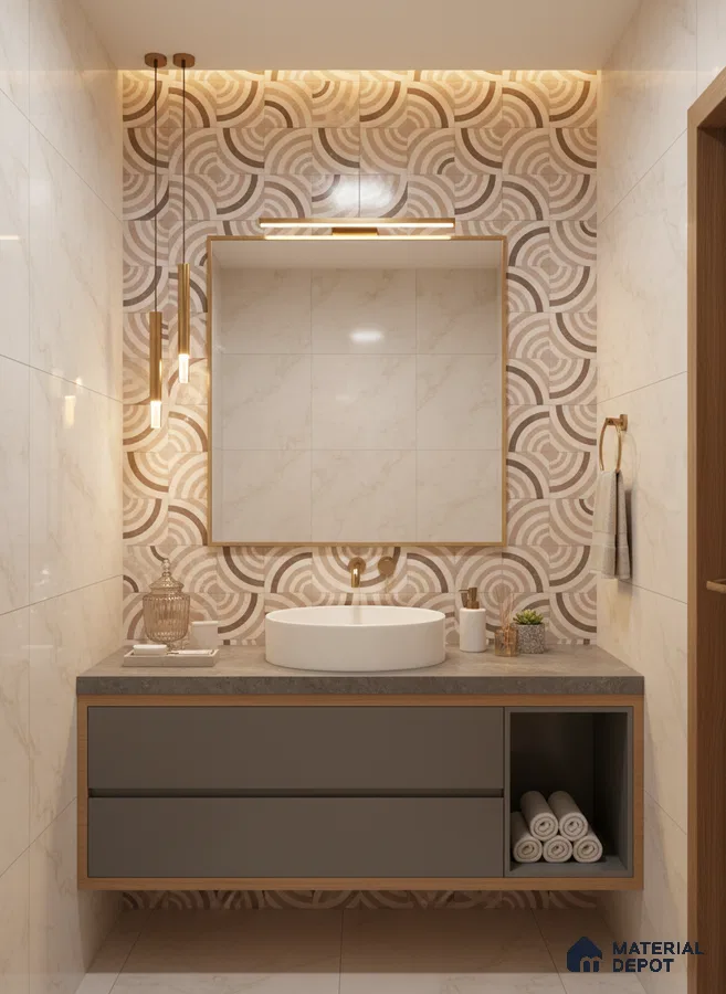 Modern bathroom with geometric patterned highlighter wall tiles and marble-look wall tiles | Material Depot