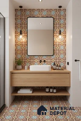 Modern bathroom with geometric patterned moroccan tiles and light oak vanity in Bengaluru | Material Depot