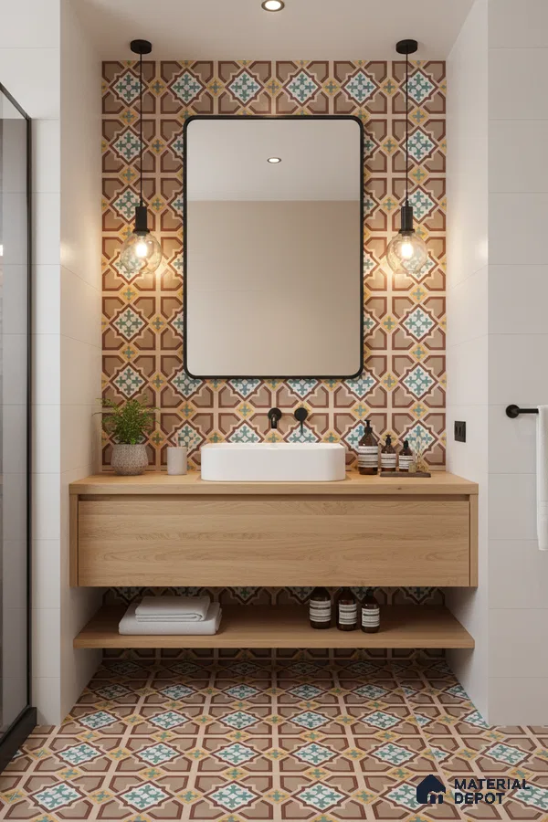 Modern bathroom with geometric patterned moroccan tiles and light oak vanity in Bengaluru | Material Depot