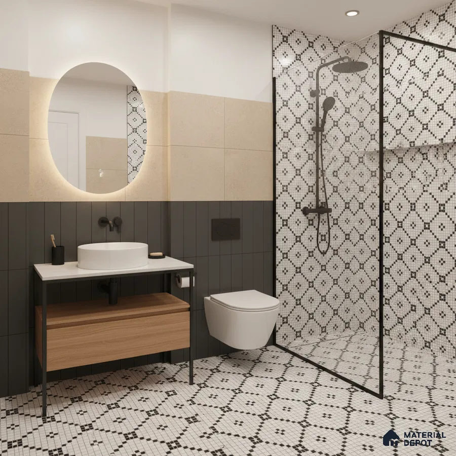Modern bathroom with geometric patterned mosaic tiles, beige wall tiles, and wood vanity in Bengaluru | Material Depot