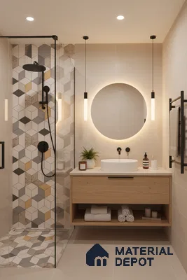 Modern bathroom with geometric patterned shower tiles, beige wall tiles, and light oak floating vanity in Bengaluru | Material Depot