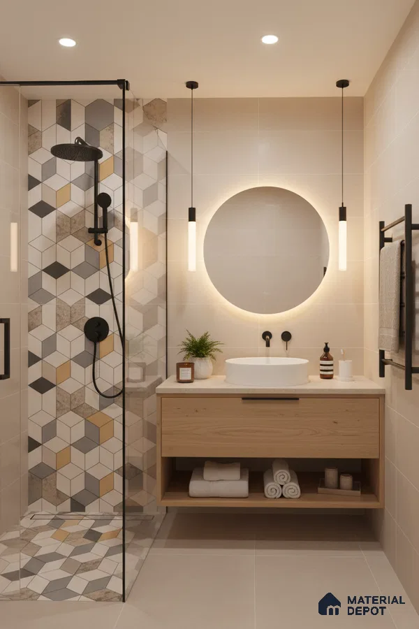 Modern bathroom with geometric patterned shower tiles, beige wall tiles, and light oak floating vanity in Bengaluru | Material Depot