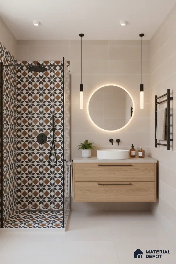 Modern bathroom with geometric patterned shower tiles, beige wall tiles, and light oak floating vanity in Bengaluru | Material Depot
