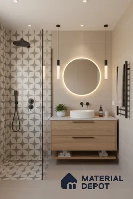 Modern bathroom with geometric patterned shower tiles, beige wall tiles, and light oak vanity in Bengaluru | Material Depot
