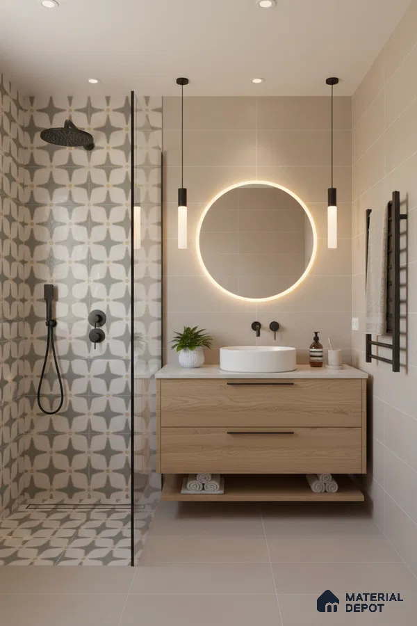 Modern bathroom with geometric patterned shower tiles, beige wall tiles, and light oak vanity in Bengaluru | Material Depot