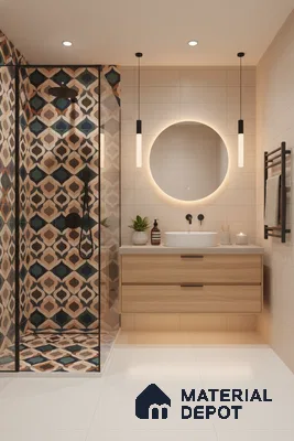 Modern bathroom with geometric patterned shower tiles, light wood vanity, and matte white floor tiles in Bengaluru | Material Depot