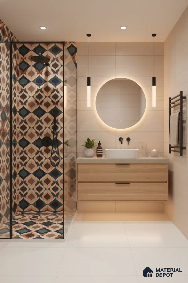 Modern bathroom with geometric patterned shower tiles, light wood vanity, and matte white floor tiles in Bengaluru | Material Depot