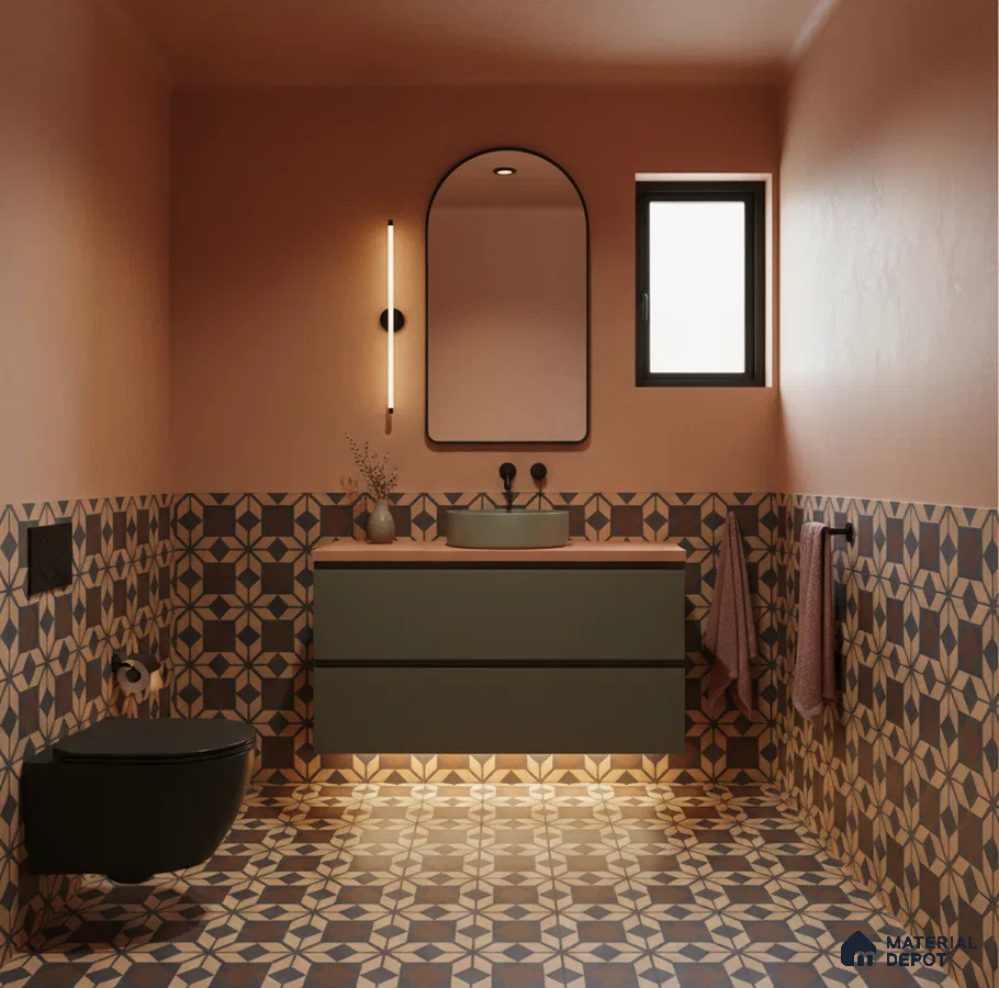 Modern bathroom with geometric patterned terracotta and brown tiles and olive green floating vanity in Bengaluru | Material Depot