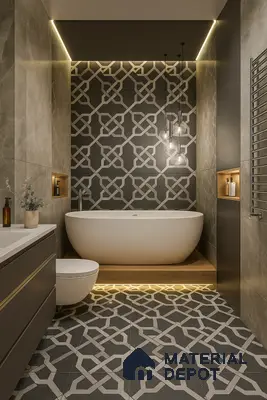 Modern bathroom with geometric patterned tiles and grey stone wall tiles in Purva Fountain Square Marathahalli 2 BHK Bengaluru Apartment