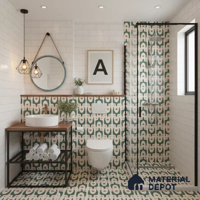 Modern bathroom with geometric patterned tiles and white subway wall tiles in Bengaluru | Material Depot